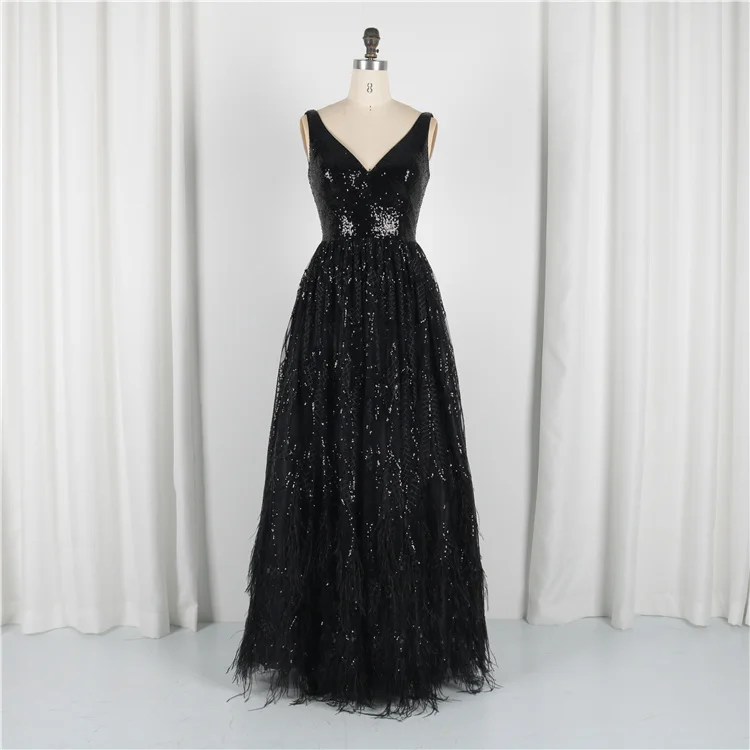 Real Picture Floor Length Black Sequins Maxi Glitter Long Party Prom Dress With Feather