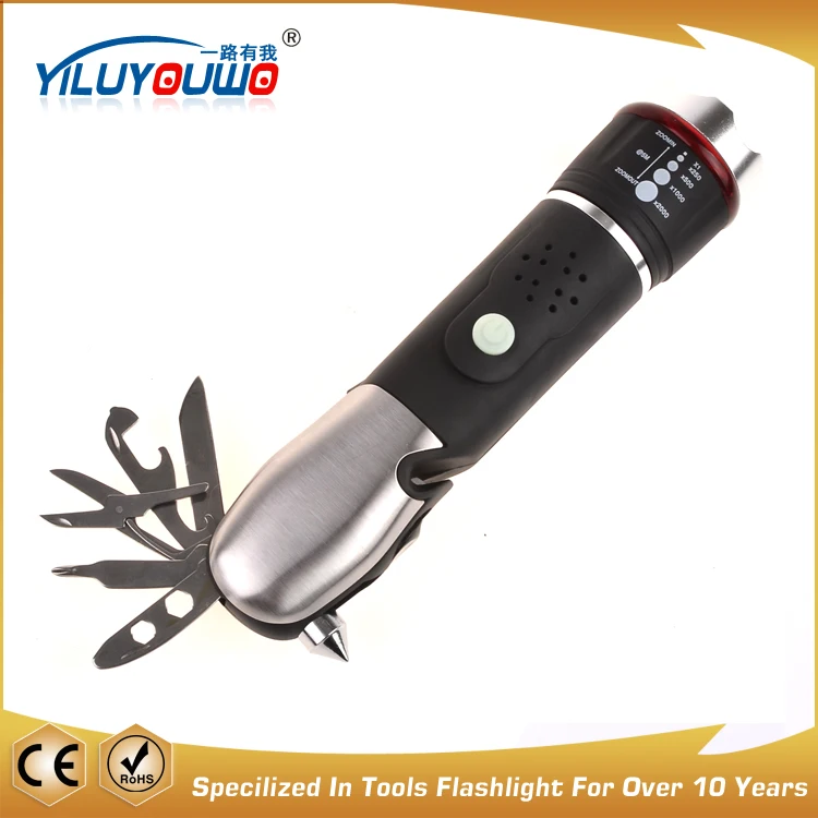 LED Zoom Focus Battery Safety Hammer Seat Belt Cutter Car Emergency Self Defensive Tactical Tool Alarm Flashlight AAA 173g