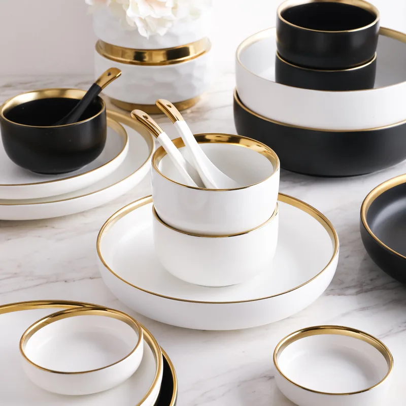 Gold Rimmed Porcelain 3pcs Plate Set Porcelain Ceramic Spoon Saucer Bowl  Dinner Set With Gift Box