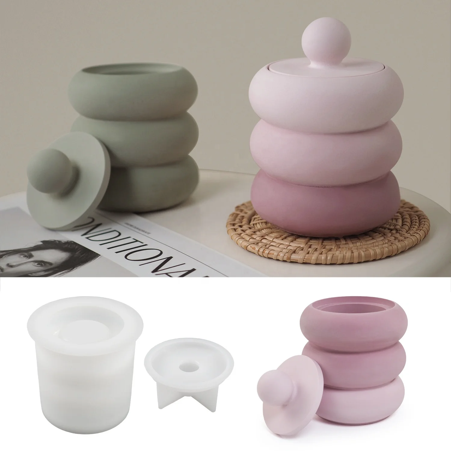 CARATTE Donut Round Concrete Resin Candle Holder Silicone Mold with Lid Cement Jesmonite Mould