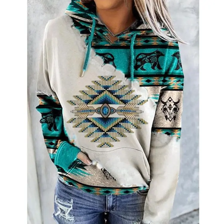 HR111 women pull over pocket pullover sweatshirt tops ethnic clothing native tribal aztec print