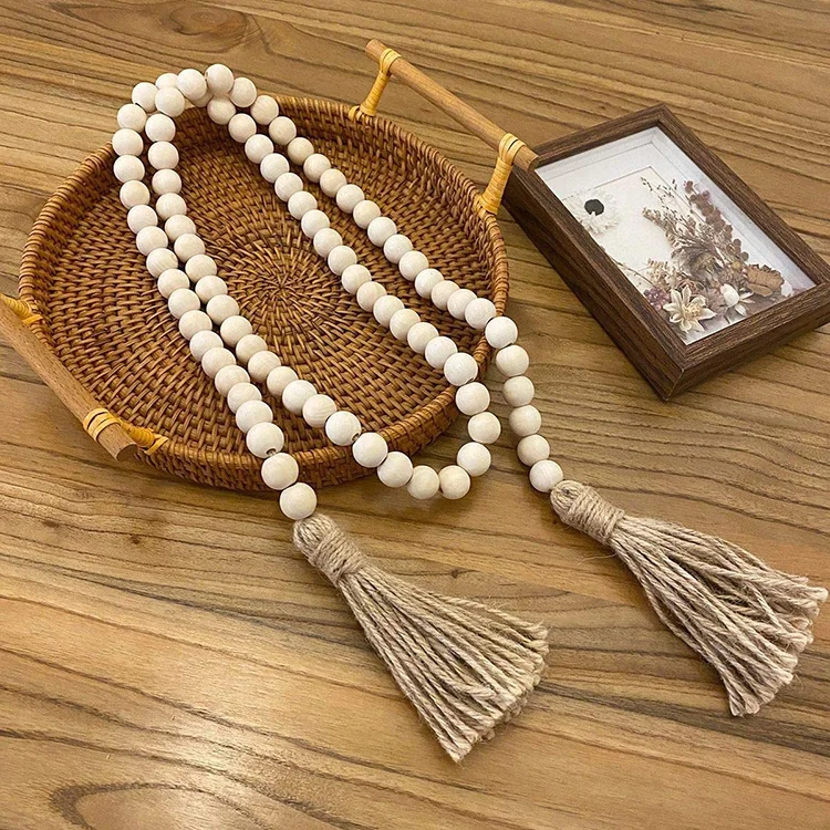 58in Wood Bead Garland with Tassels Farmhouse Beads Rustic Nature Country Decor Prayer Boho Beads Wall Hanging Decoration