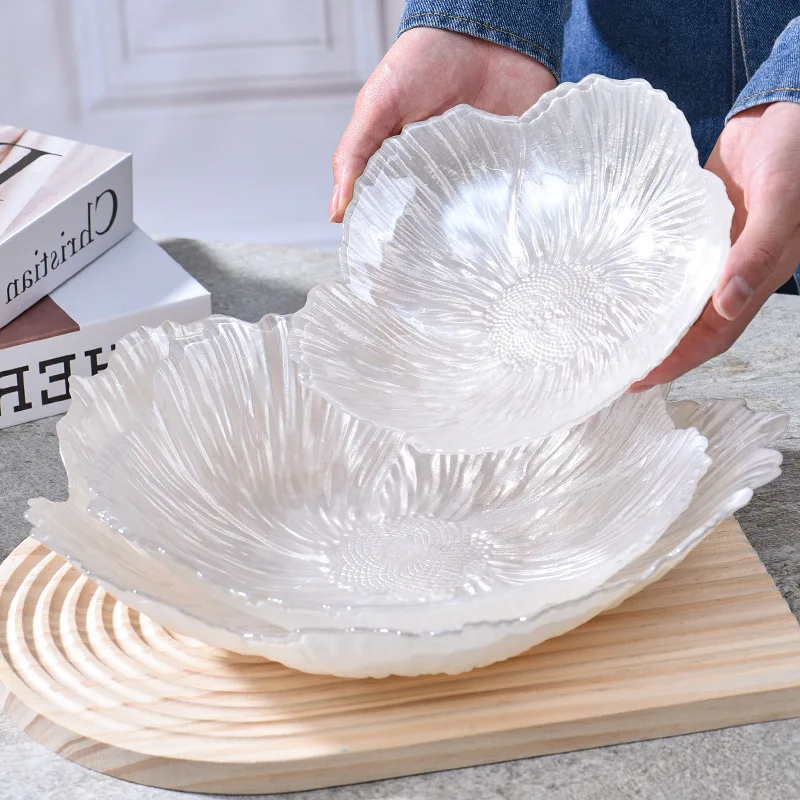 BST Home flower shaped fruit candy plate colored white pink glass charger plates for dry fruit tray