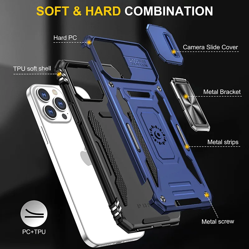 Slide camera cover military shockproof mobile phone case for iPhone 13 Pro Max folding stand car magnetic cover