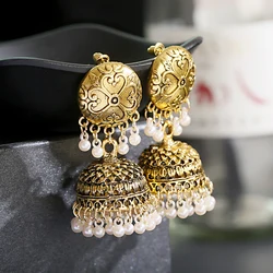 Vintage Hanging Earrings Gold Color Alloy Bell Drop Pearl Earrings Woman Jewelry Accessories 2021 Indian Style Pendientes Gift