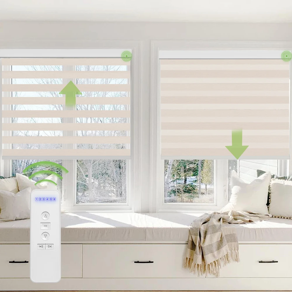 High Quality Noise Reduction Electric Motor Zebra Blinds Curtain, Corddless Motorized Zebra Blinds Remote