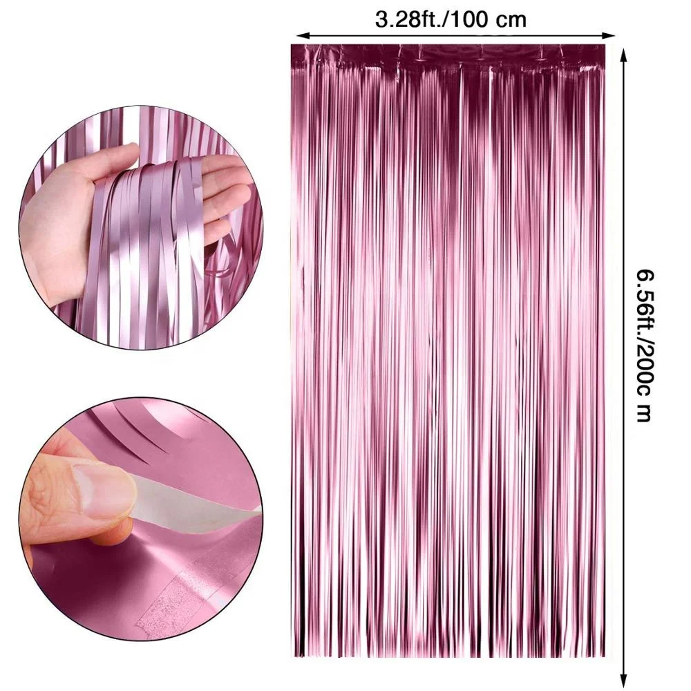 2 Packs Matt Pink Foil Curtains Metallic Tinsel Backdrop Door Fringe Curtains Photo Booth Backdrops for Wedding Birthday