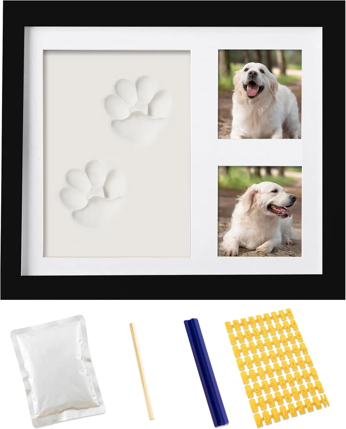 Pet Paw Print Keepsake Kit Wooden Photo Frame with Pet Paw Print Imprint Kit Memorial Clay Imprint Kit for Dog or Cat