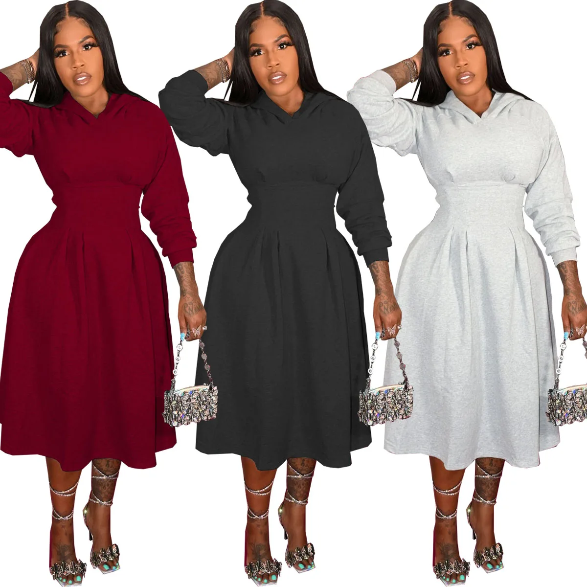 robe 2021 Wholesale Autumn Solid Plin High Waist V Neck Wrap Elegant Casual Ladies Frock Long Sleeve Dresses For Women