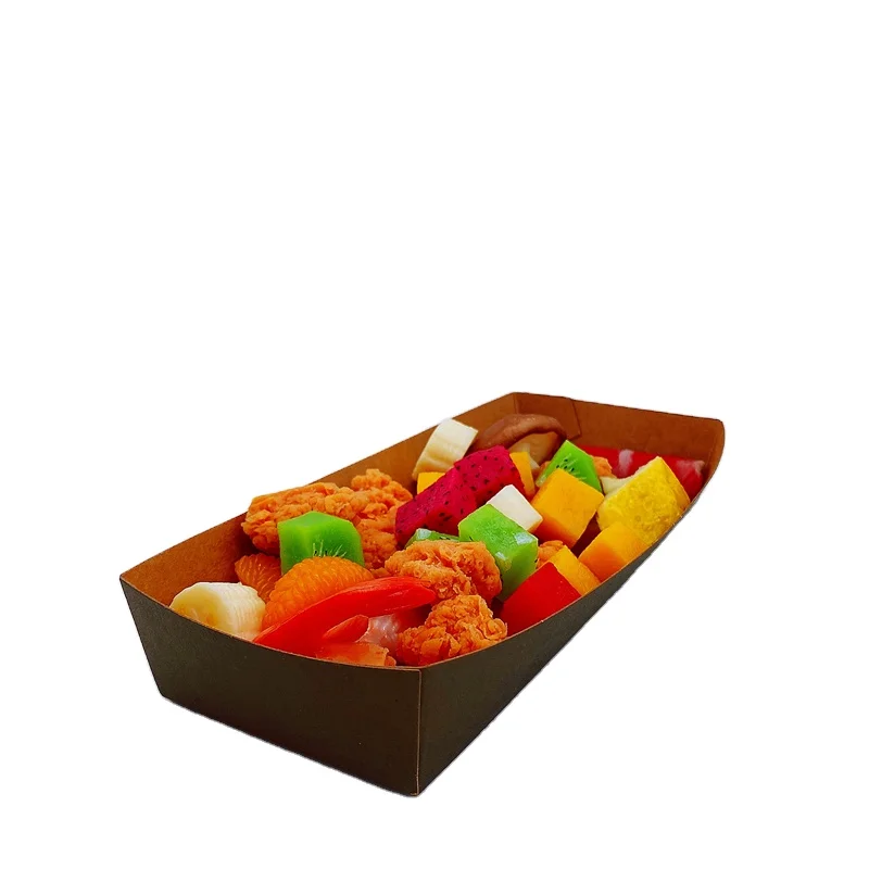 Boat Shape Disposable Food Grade Paper Boxes Packaging Snack Fries Chicken Kraft Paper Boat Tray