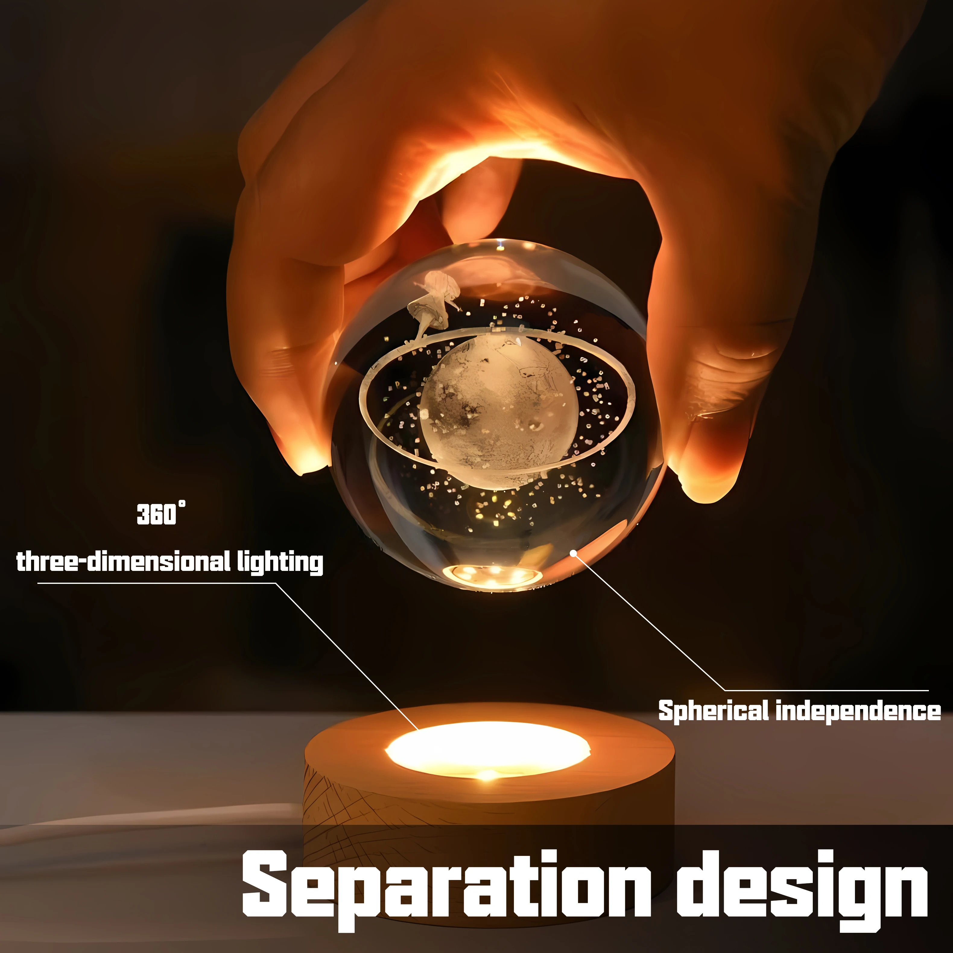 Crystal Solar System Moon Nebula Crystal Ball Luminous Crystal 3D Ball Night Lamp With Wooden Led Night Light Base