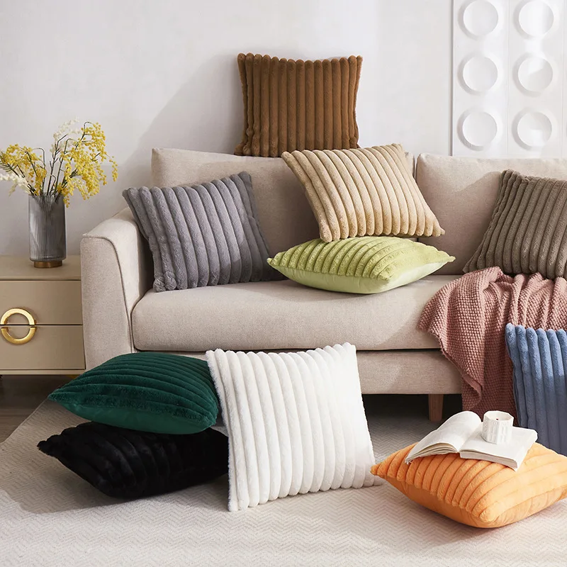 Double-Sided Faux Fur Plush Decorative Throw Pillow Covers Fuzzy Striped Soft Pillowcase Cushion Covers for Sofa Couch Bedroom