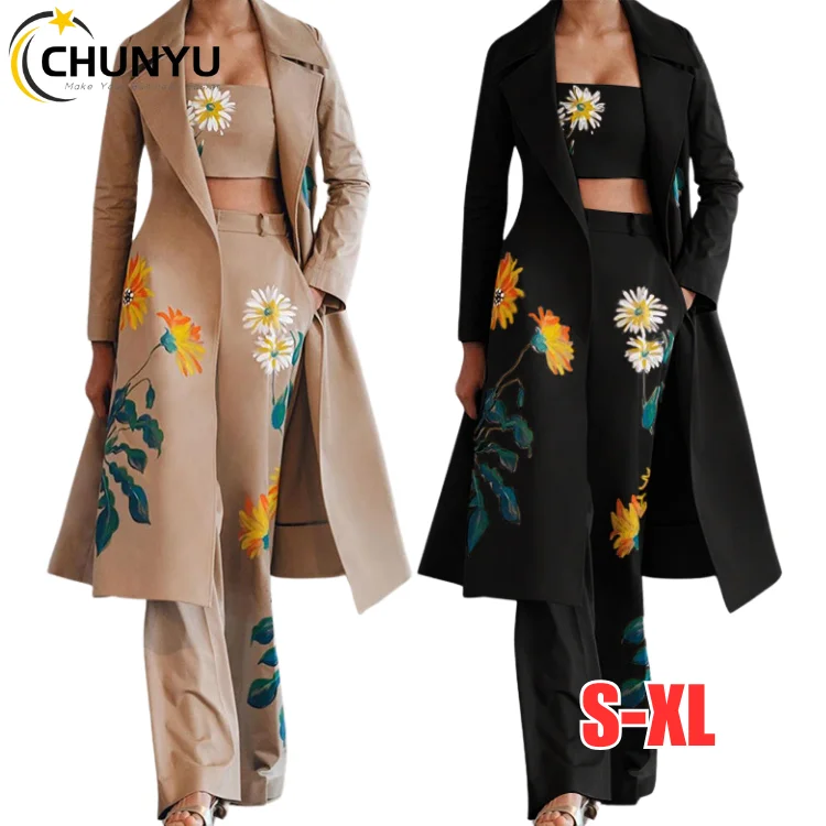 New Fashion Women Long Coat Suits Cardigan Trench Long Pants 3 Piece Set Floral Printed Jacket Lady Elegant Casual Suits