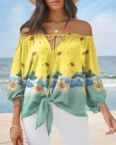 European and American style casual drawstring boat neck printed Women Long Sleeve Shirt elegant off shoulder blouses tops 771436