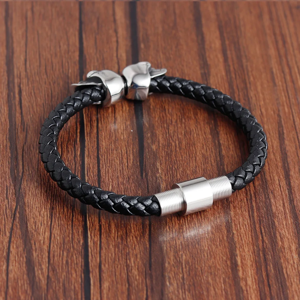 2021 Fashion Silver Stainless Steel Jewellery Skull Bracelet Natual Leather For Men Wholesale