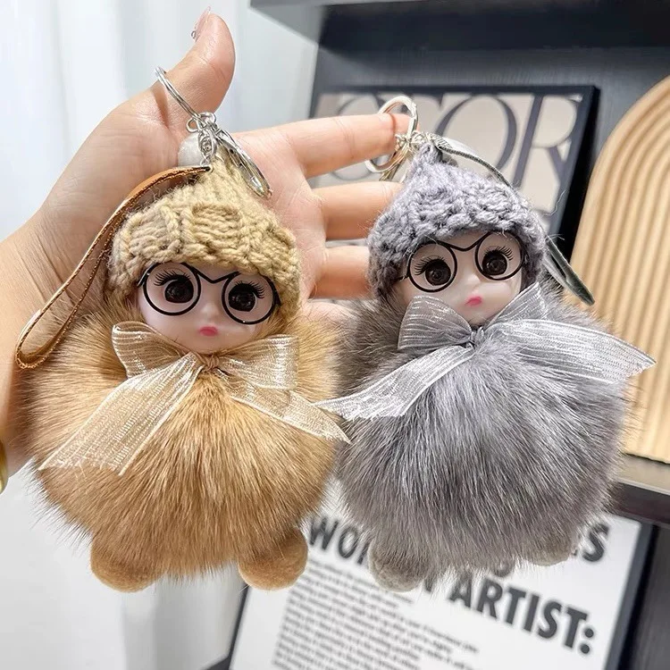 Small Fox Fur Plush Doll with Big Eyes Sleep Pendant for Car Keychain Light Keychain Schoolbag Chic Small Jewelry