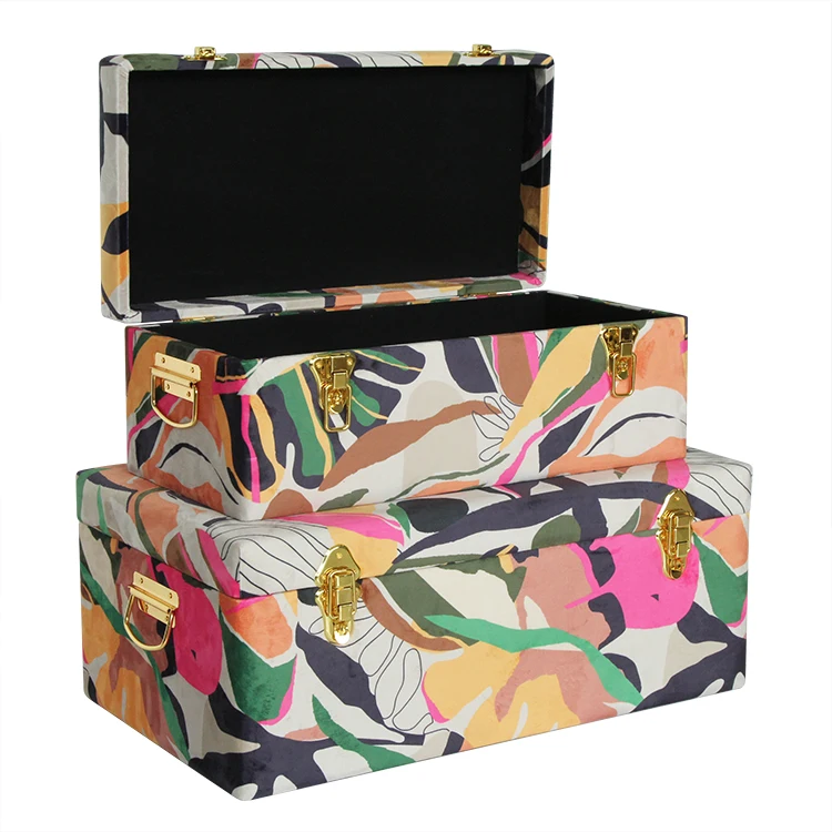 Set of 2 bright fabric flower colors fabric covered storage trunk with gold metal latch