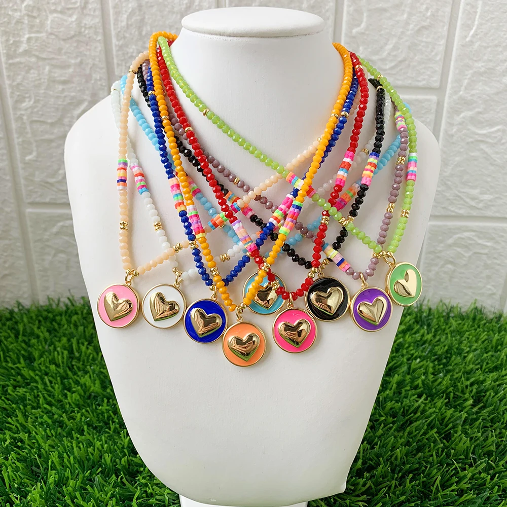 Summer Bohemian Style Heart Enamel Colorful Pendant Beaded Rainbow Chain Gold Plated Necklace Wholesale for Women Jewelry
