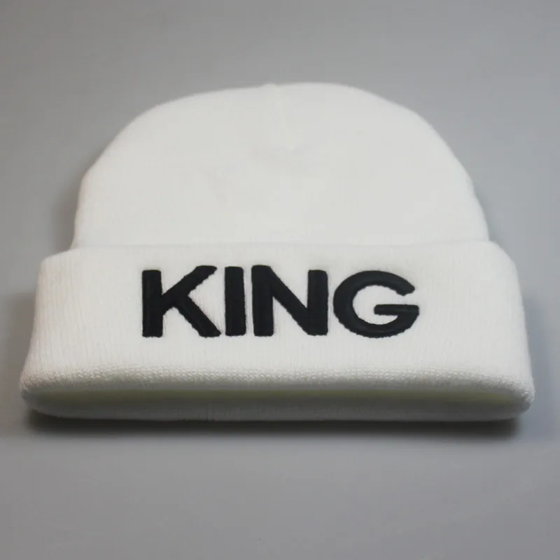 Couple Gifts Autumn Winter Spring Black White Gold King 3D Embroidery Acrylic Knitted Cap Beanie Hat for Men Women