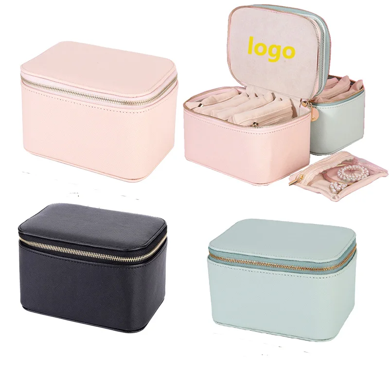 Хит продаж органайзер для ювелирных изделий из искусственной кожи розового синего и черного цвета с 8 мешками внутри мини-дорожный ящик хранения