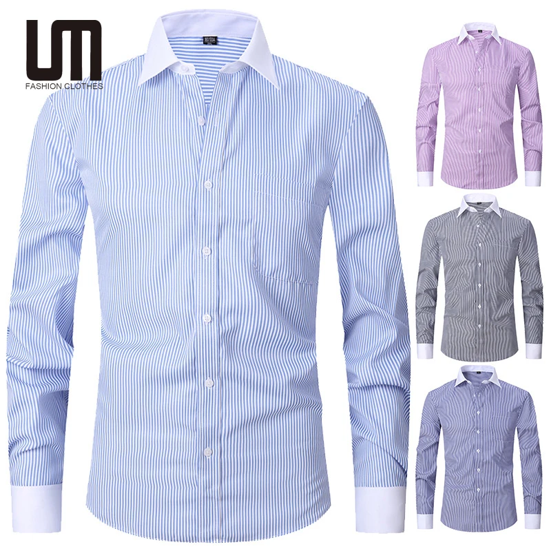 Liu Ming Men s Spring Summer Fashion 2024 Clothing Cotton Comfortable Business Long Sleeve Solid Stripe Shirts