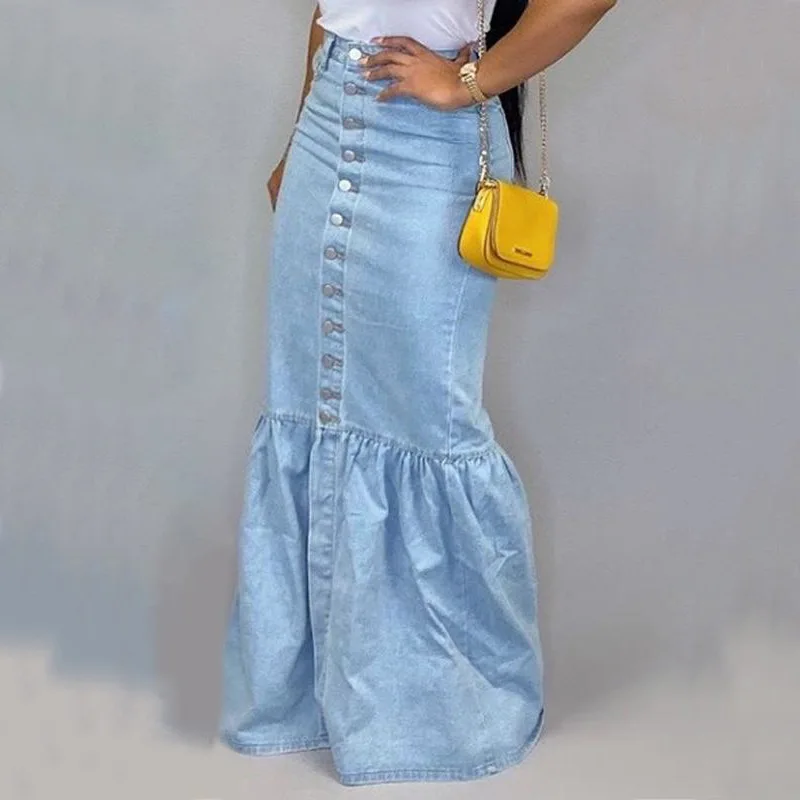 Latest Design Women Mermaid Skirt Blue Washed Skinny Stretch Button Long Jean Skirts
