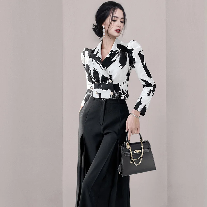 Droma America and European style clothing elegant suits slim print suit jacket high waist fashion wide leg trouser suit