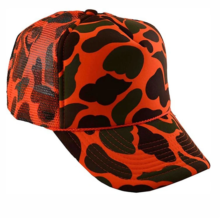 5 panel Custom 112 hats sublimation printing gym polyester camouflage mesh cap hunting snapback camo foam trucker hat  with rope