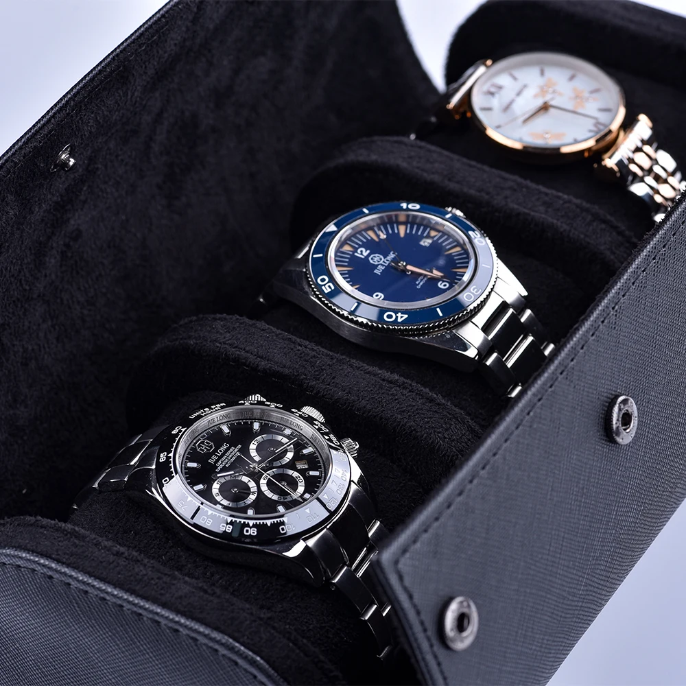 Juelong Black Saffiano Watch Roll Genuine Leather Travel Watch Roll Case For 3 Watches