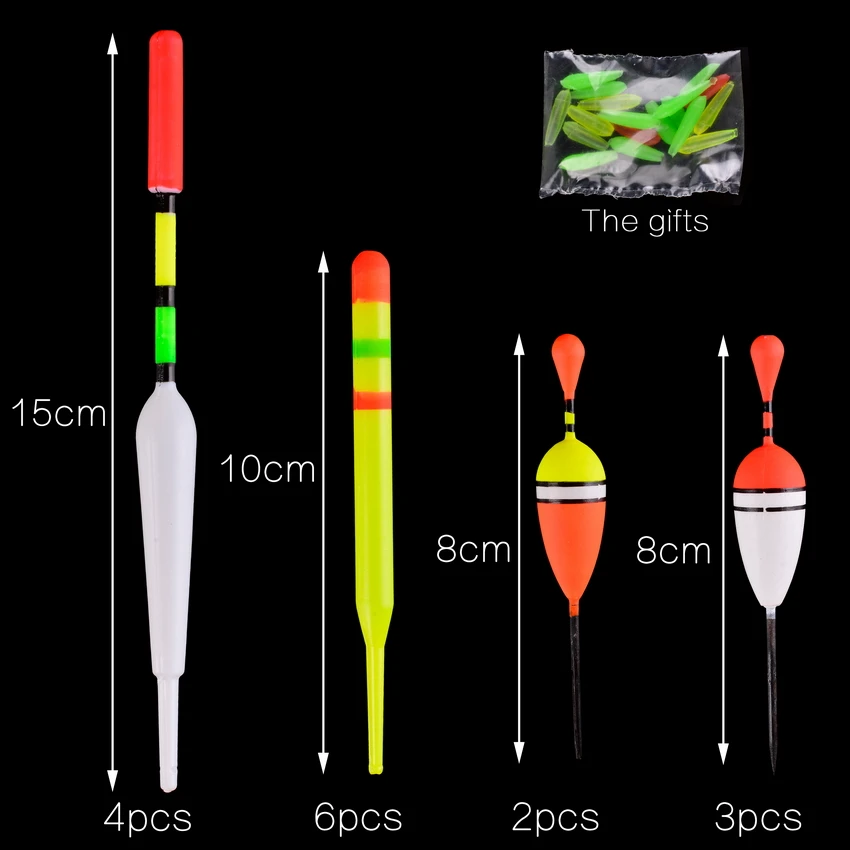 1 set (15Pcs) Vertical Buoy Sea Fishing Floats Assorted Size for Most Type of Angling with Attachment Rubbers Fishing Lures