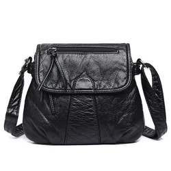 Black Small Messenger Women Bag Soft Washed PU Leather Crossbody Female Handbag Purses lady bag