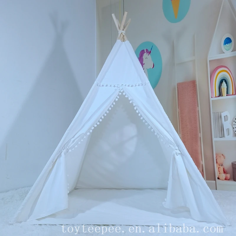 Ins Style Indoor Kids Home Play Teepee Tent Princess Room Game Tent White Cotton Canvas Indian Tent with mat