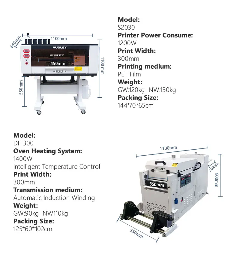 AUDLEY A3 30cm DTF Digital Printer with Dual Printhead Xp600  I3200 Pet Transfer Film Powder Shaking Dryer Digital Printing