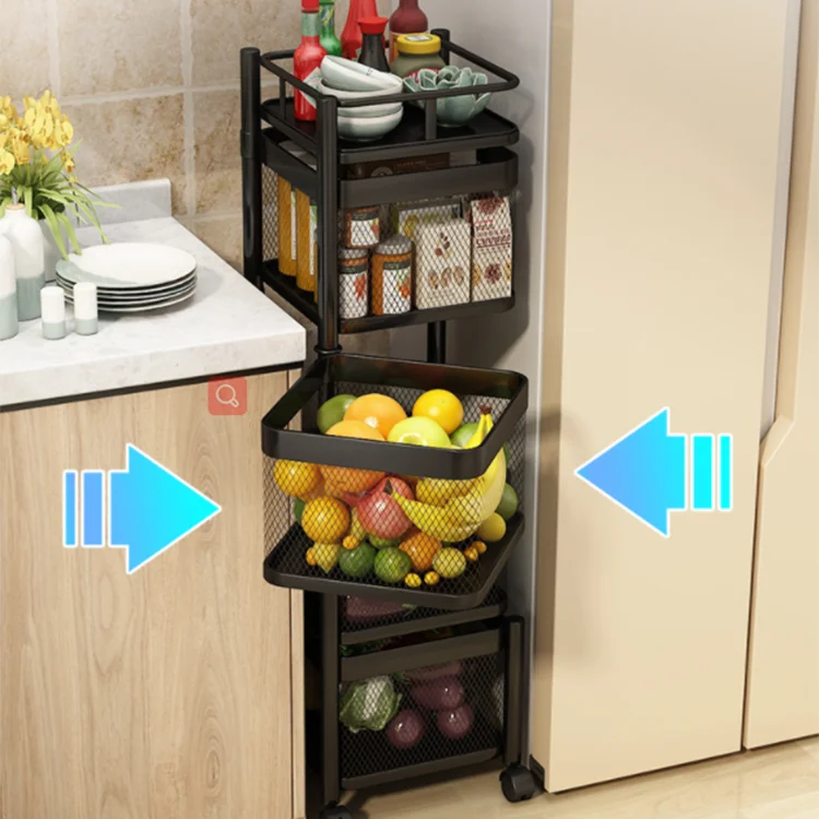 Kitchen Storage Rotatable Shelf 2 3 4 5 Layer Rotating Practical Trolley Kitchen Square Shelf With Wheel Storage Rack
