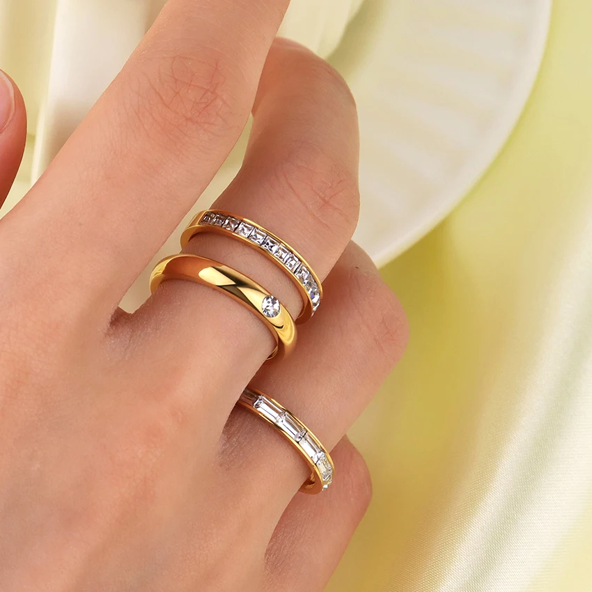 Minos Stainless Steel CZ Rings Tarnish Free Jewelry 18K Gold Plated Clear Zircon Ring Diamond Ring for Women
