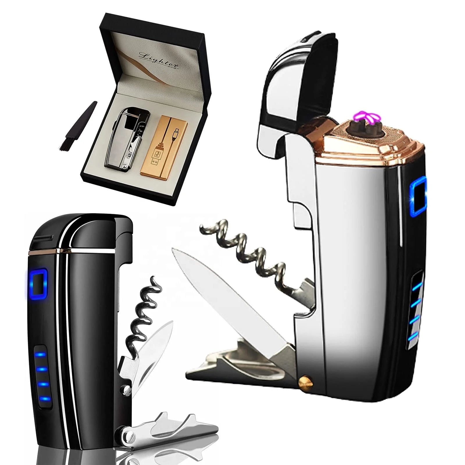 Hot-selling 4 in 1 Multi-Function Electronic Lighter with Knife  Wine Beer Opener Double Arc Plasma USB Charge Lighter