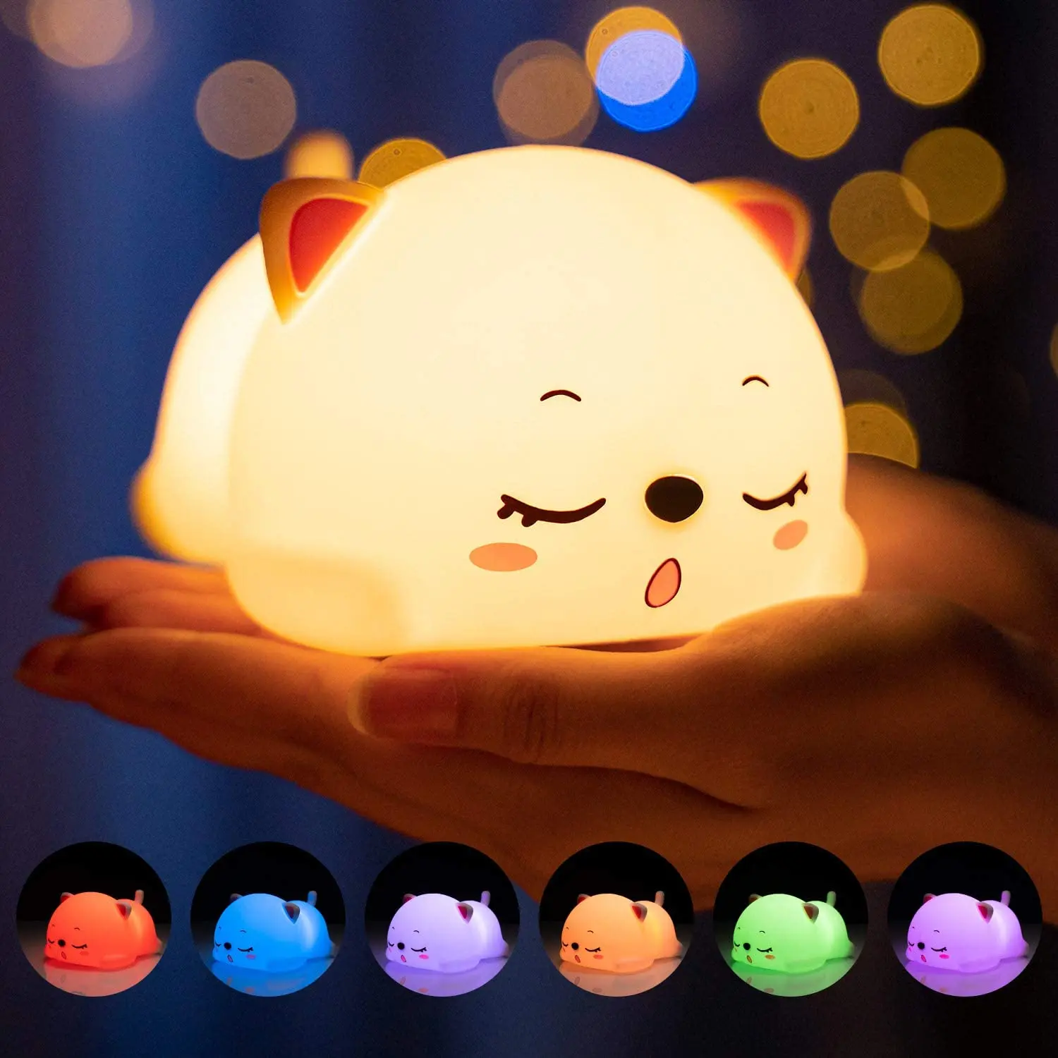 Cute Kids Night Light Silicone Sleeping Kitty Animal USB Rechargeable Portable Lamp Kawaii Kitten Table Nightlight