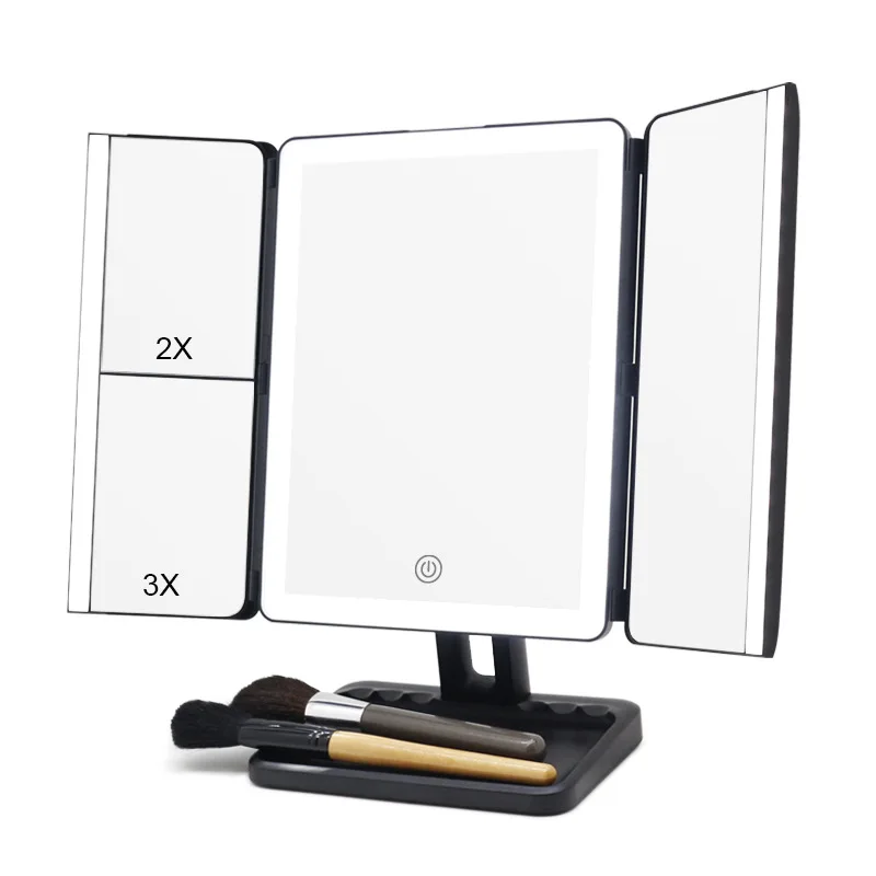 180 Adjustable Rotation Portable Travel Cosmetic Mirror Folds Vanity Makeup Mirror LED Bright Table Mirror with Touch Screen