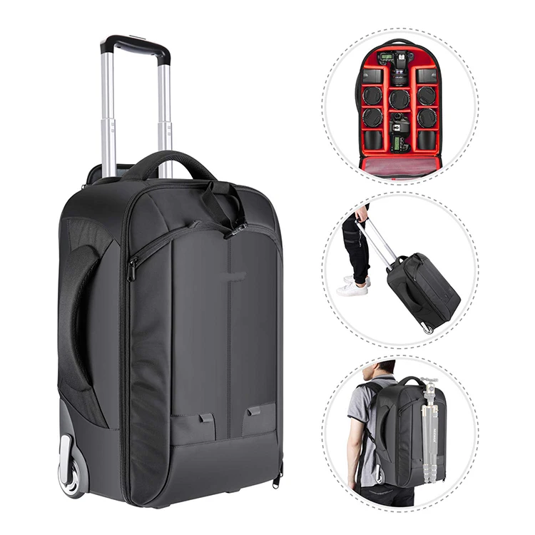 Convertible Wheeled Camera Backpack Luggage Trolley Tool Bag Case with Double Bar Anti-shock Detachable Padded Waterproof  Bag