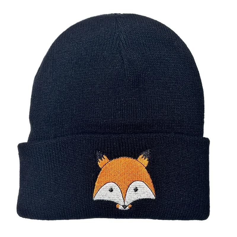 In Stock New Hats Kawaii Cartoon Fox Embroidery Children Baby Boys Girls Fashion White Grey Black Knitted Beanie Winter Kids Hat