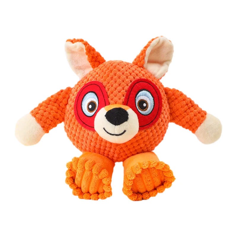 New Design Pet Plush Toy Teeth Cleaning Cartoon Kawaii Animal Shape Fox Wolf Raccoon Washable Squeak Dog Bite Toy