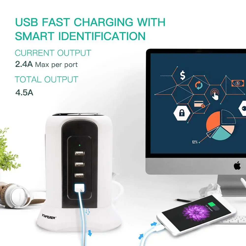 Беспроводная зарядная розетка, настольная зарядная станция с 9 розетками и 4 USB-портами, 4,5 а, многофункциональное зарядное устройство с интеллектуальной вилкой