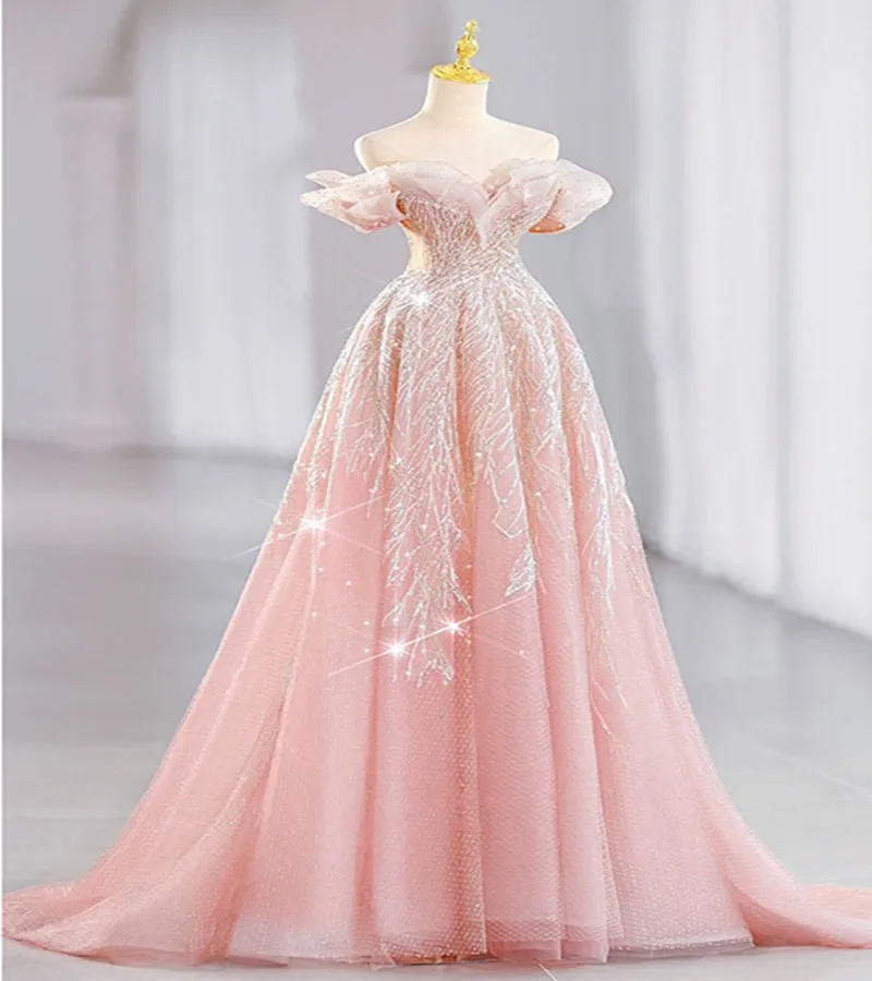 ZX-520 Pink Princess Evening Gown High-end Light Luxury Engagement Toasting Long Length Bride Wedding Dresses