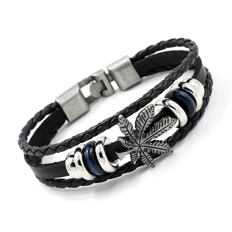 Spot Wholesale Vintage Multi-layer Leather Beaded Alloy Maple Leaf Charm Bracelets for Men