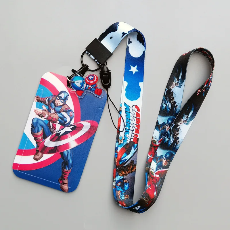 Campus Student Boys Gifts Marvel Lovely Cartoon Captain America Card Holder Portable Hard Plastic Card Cover Case Lanyard Set
