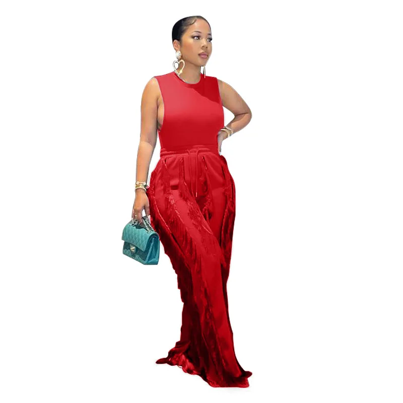 Summer solid sleeveless lace up vest and long pants plus size 5XL 2 piece set fringed women wide leg pants two piece set