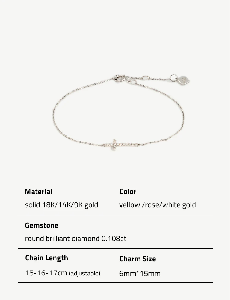 Chris April custom solid gold 18k 14k 9k cross charm round brilliant cut diamond bracelet