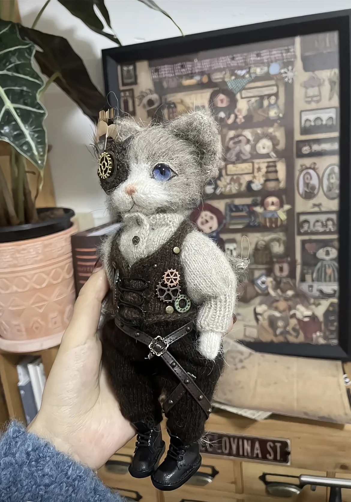 Haute Couture Handmade Doll Crochet Steampunk Cat Hand Handsome Cat Valentine S Day Unique Gift Desktop Decoration