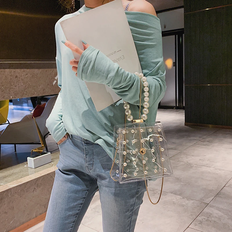 
Fashion Women Shoulder Bags Summer PVC Clear Handbags Transparent Evening Clutch Crossbody Jelly Bag Pearls Handle Beach Totes 
