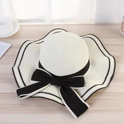 2021 summer big straw hat casual ladies wave side bow straw hat beach shade seaside vacation visor cap